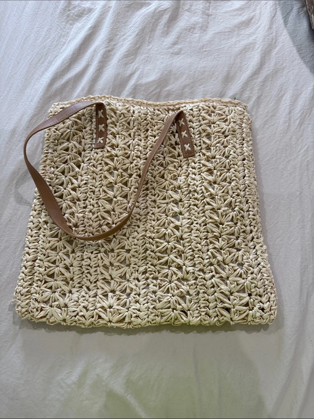 Woven Raffia Straw Tote Bag Boho Summer Beach Bag Crochet Floral Texture